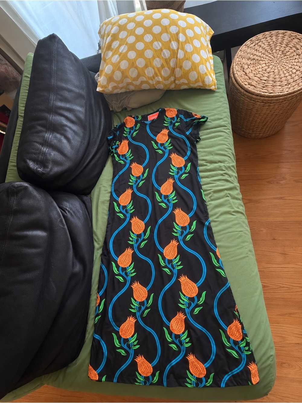 LA DoubleJ Black Maxi Skirt with Orange Floral and Blue Accents